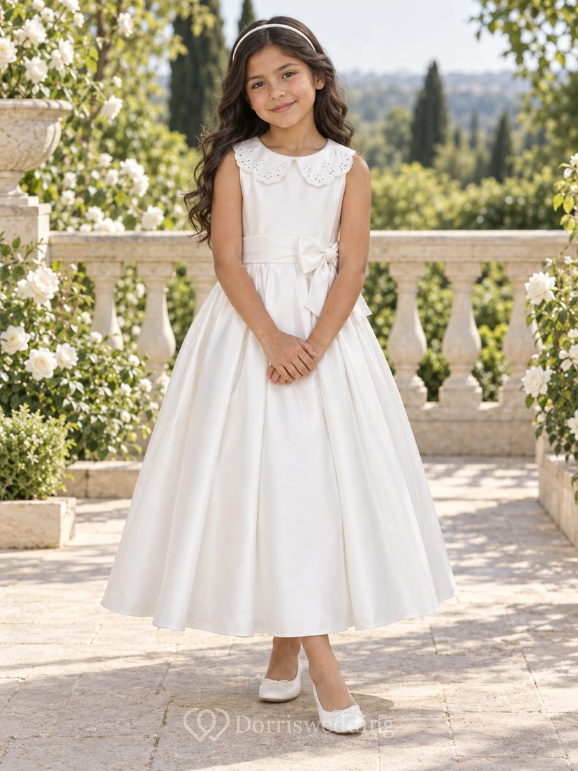 Vestido sencillo de satén blanco vintage de corte A hasta los tobillos, sin mangas y con cuello, para niña de las flores.