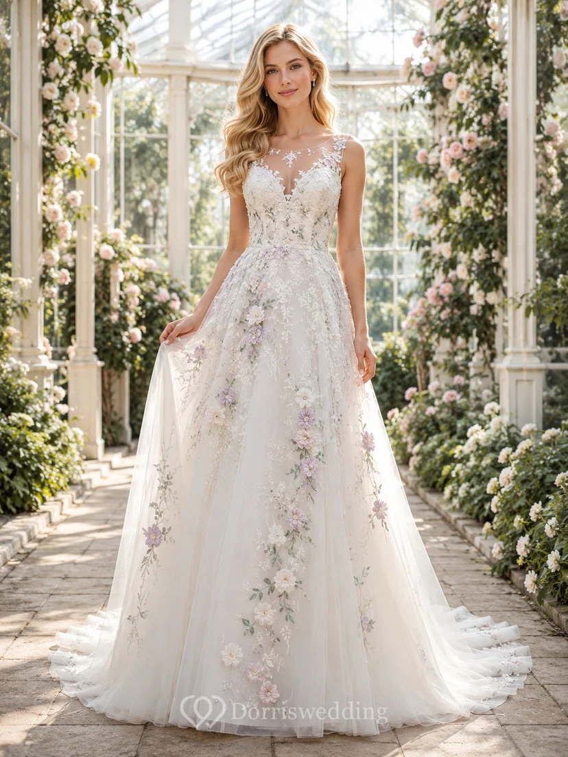 Pastellfarbenes A-Linien-Kleid mit Blumenapplikationen im Gewächshausstil, V-Ausschnitt