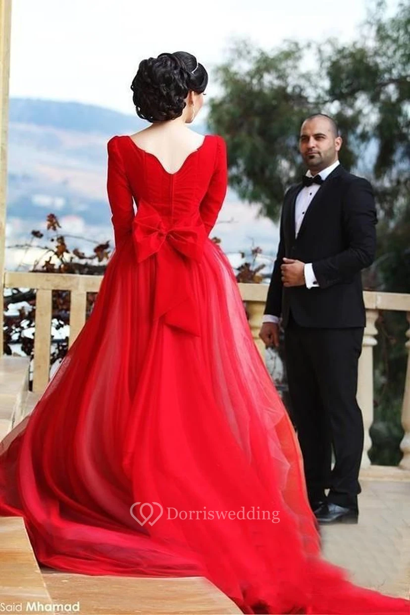 Newest Long Sleeve Tulle Red Wedding Dress Bowknot Long Train view 2