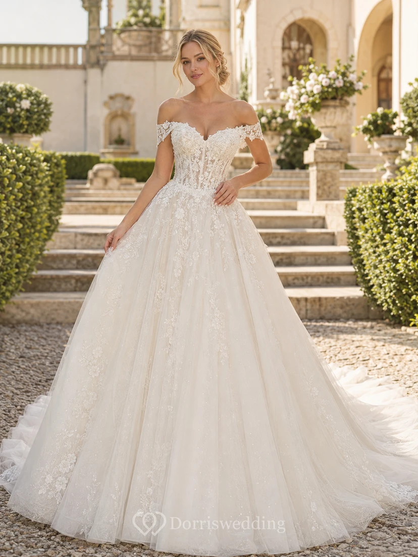 Robe de mariée raffinée en dentelle et tulle, épaules dénudées, manches courtes, traîne cathédrale, applications florales, fermeture éclair au dos