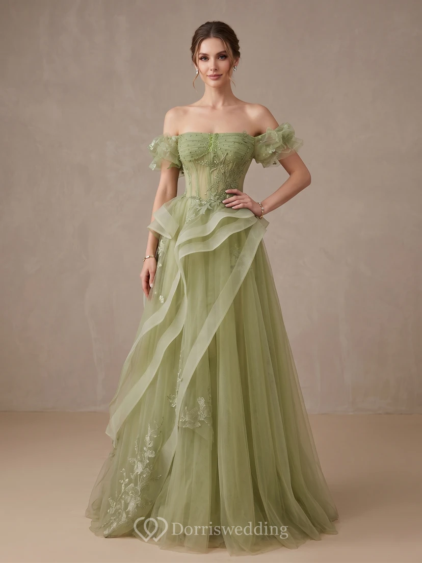 Mint Green Asymmetrical Tulle Gown with Embroidery