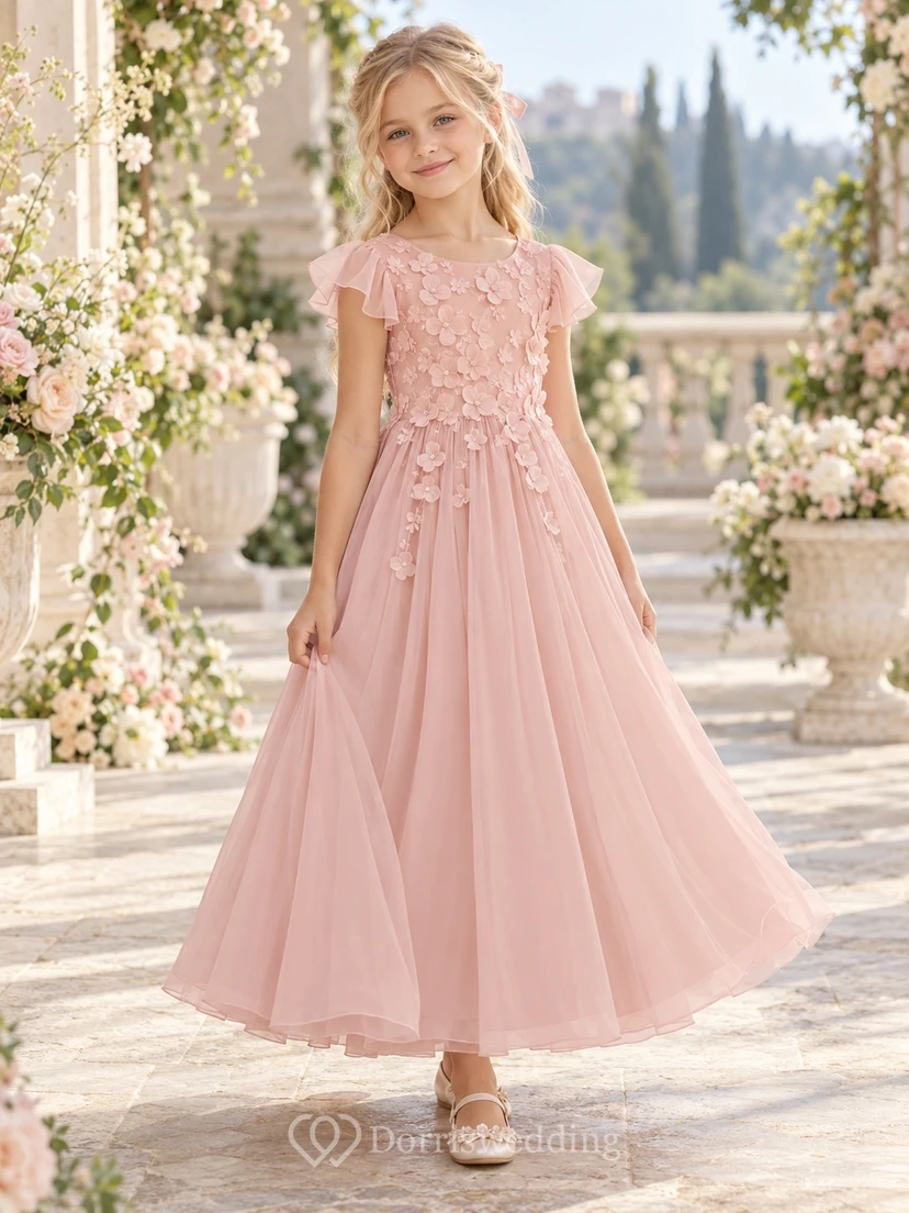 Blushing Pink Flutter Sleeve Floral Applique Ankle-length Flower Girl Dress