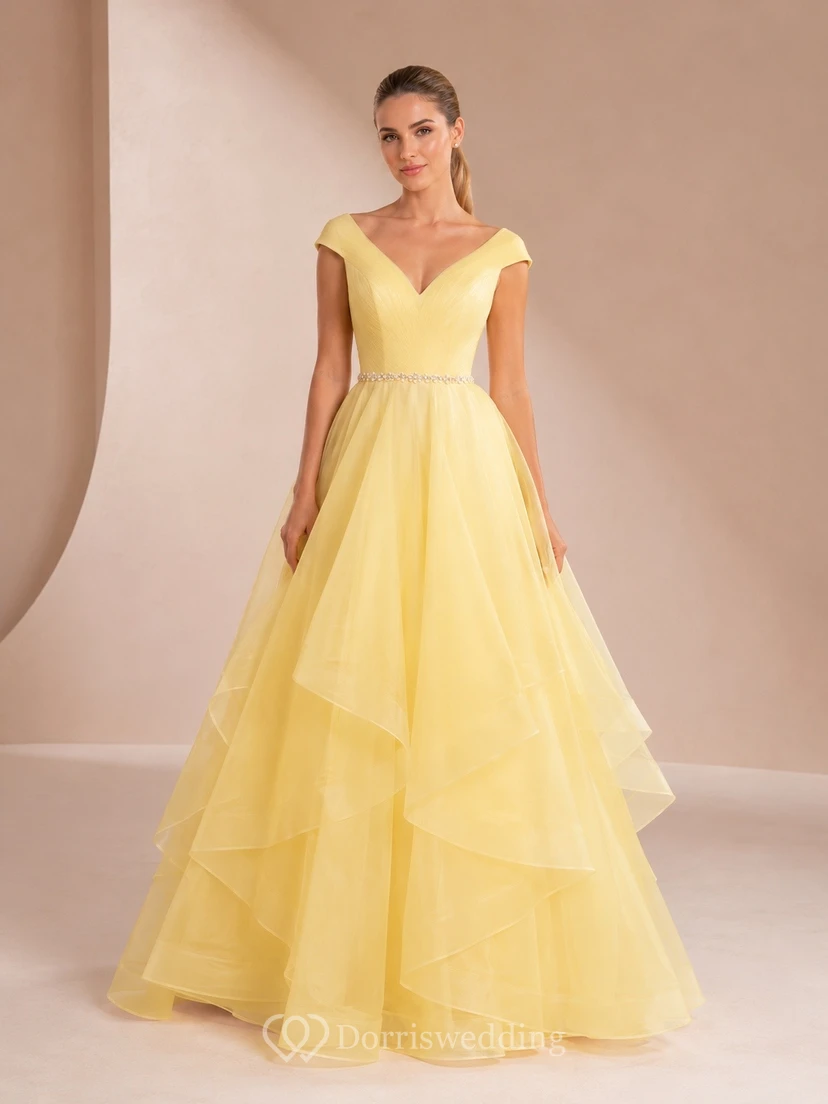Vestido de noche largo hasta el suelo, sin mangas, de tul, con escote en V y corte en A, color champán, estilo romántico.