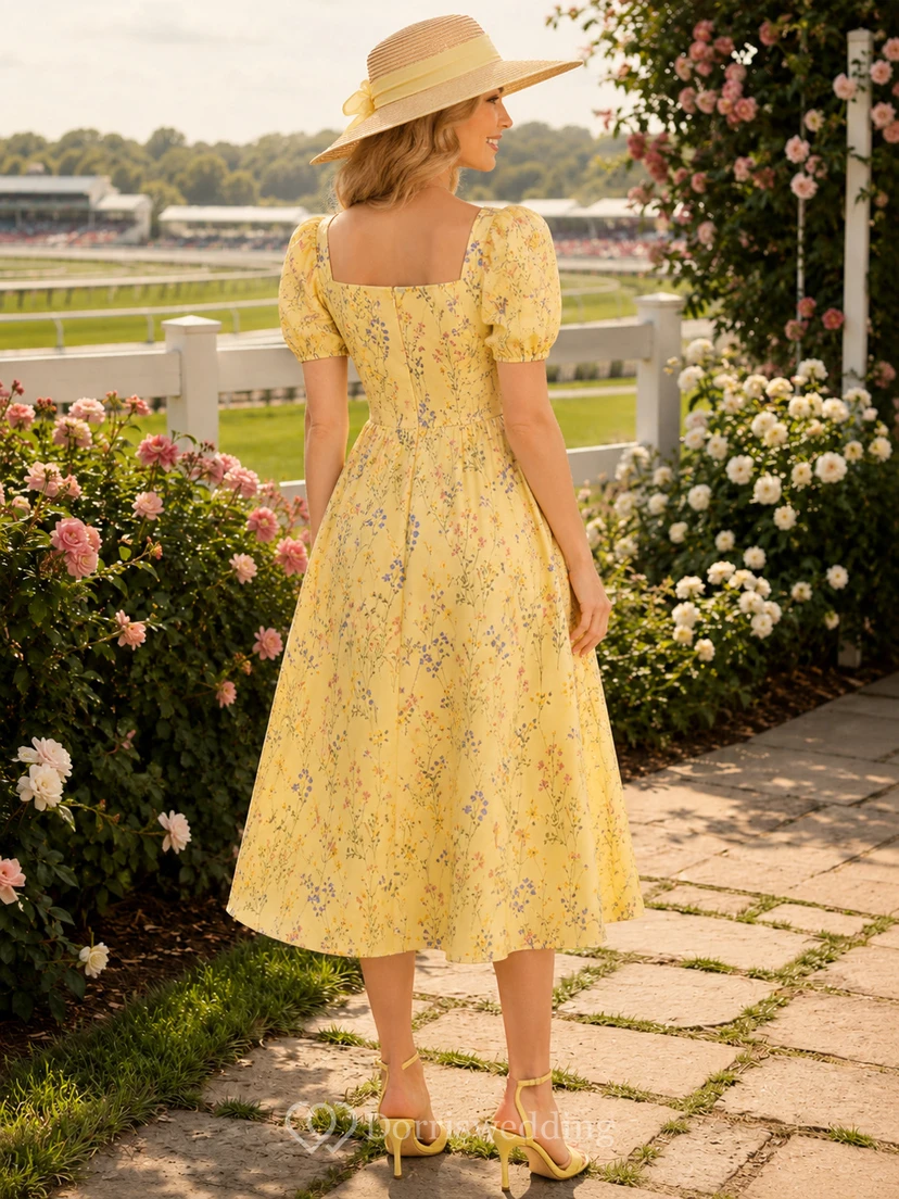 Yellow Floral Square Neck Puff Sleeve Race Day Midi Dress view 2