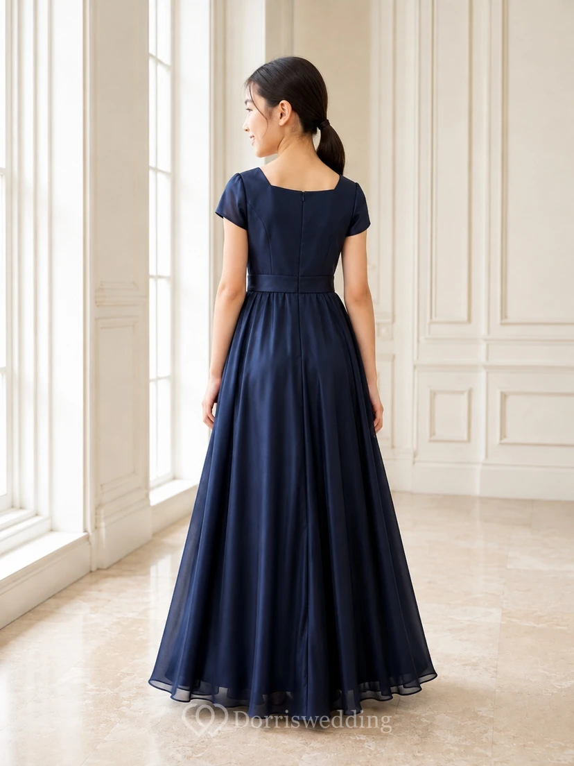 Dunkelblaues Brautjungfernkleid für junge Damen, A-Linie, eckiger Ausschnitt, kurze Flügelärmel, Satin, schlicht und elegant view 2