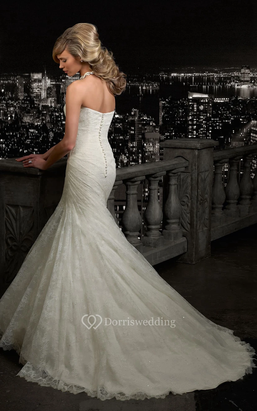 Mermaid Long Strapless Sleeveless Lace Dress With Side Draping And Flower view 2