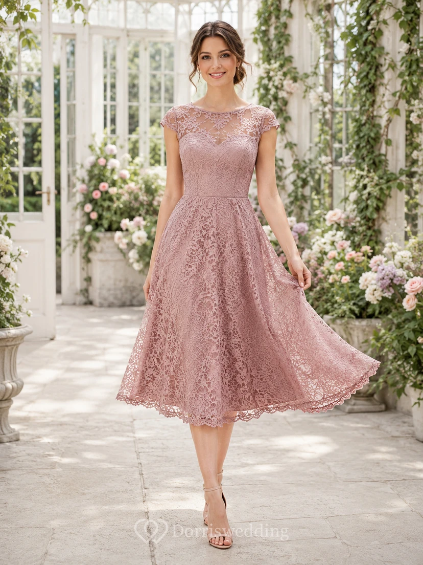 Dusty Rose Bateau Lace Tea Length Cocktail Dress