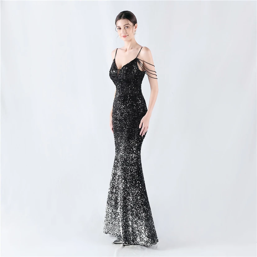 Velvet-Bottom Gradient Sequined Sexy Beaded Suspender Evening Dress view 32