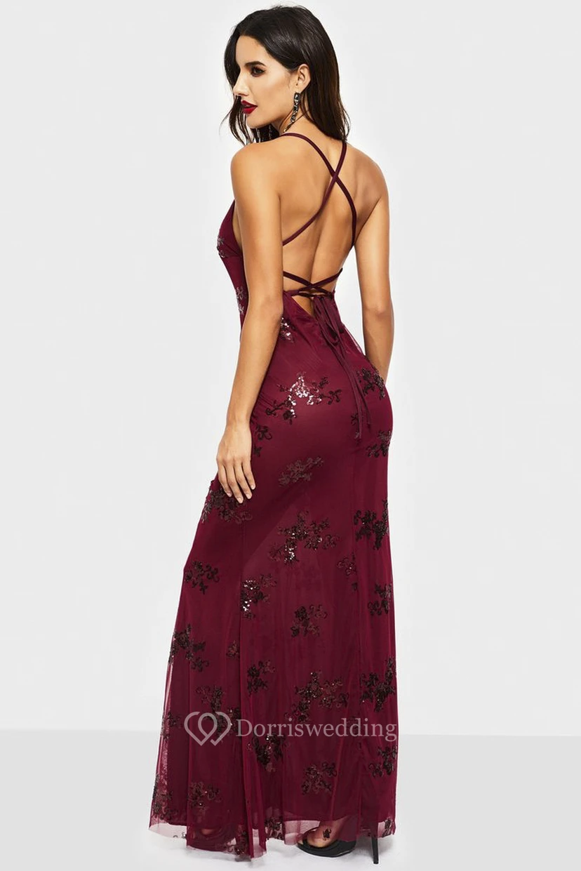 V-neck Sleeveless Sexy Sheath Tulle Gown With Straps And Sequin Appliques view 4