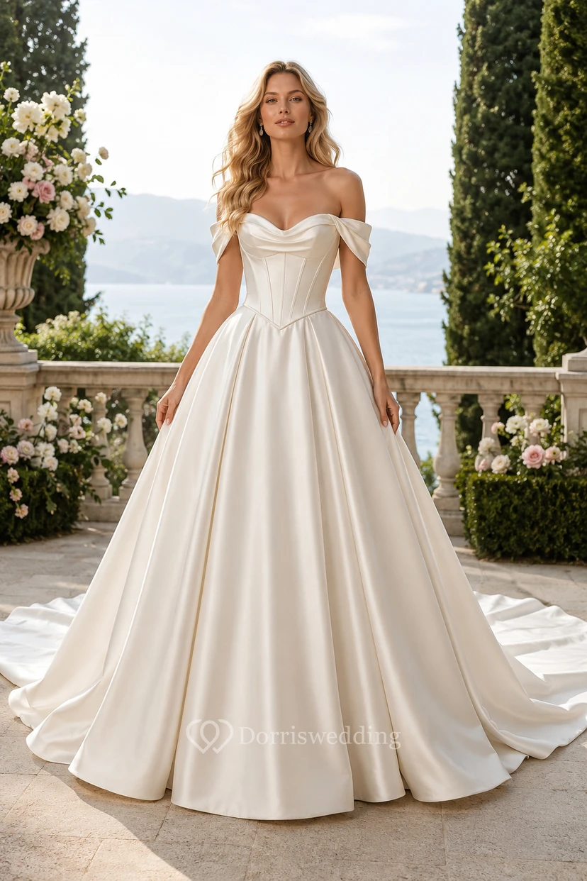 Off-Shoulder Satin Ball Gown Wedding Dress