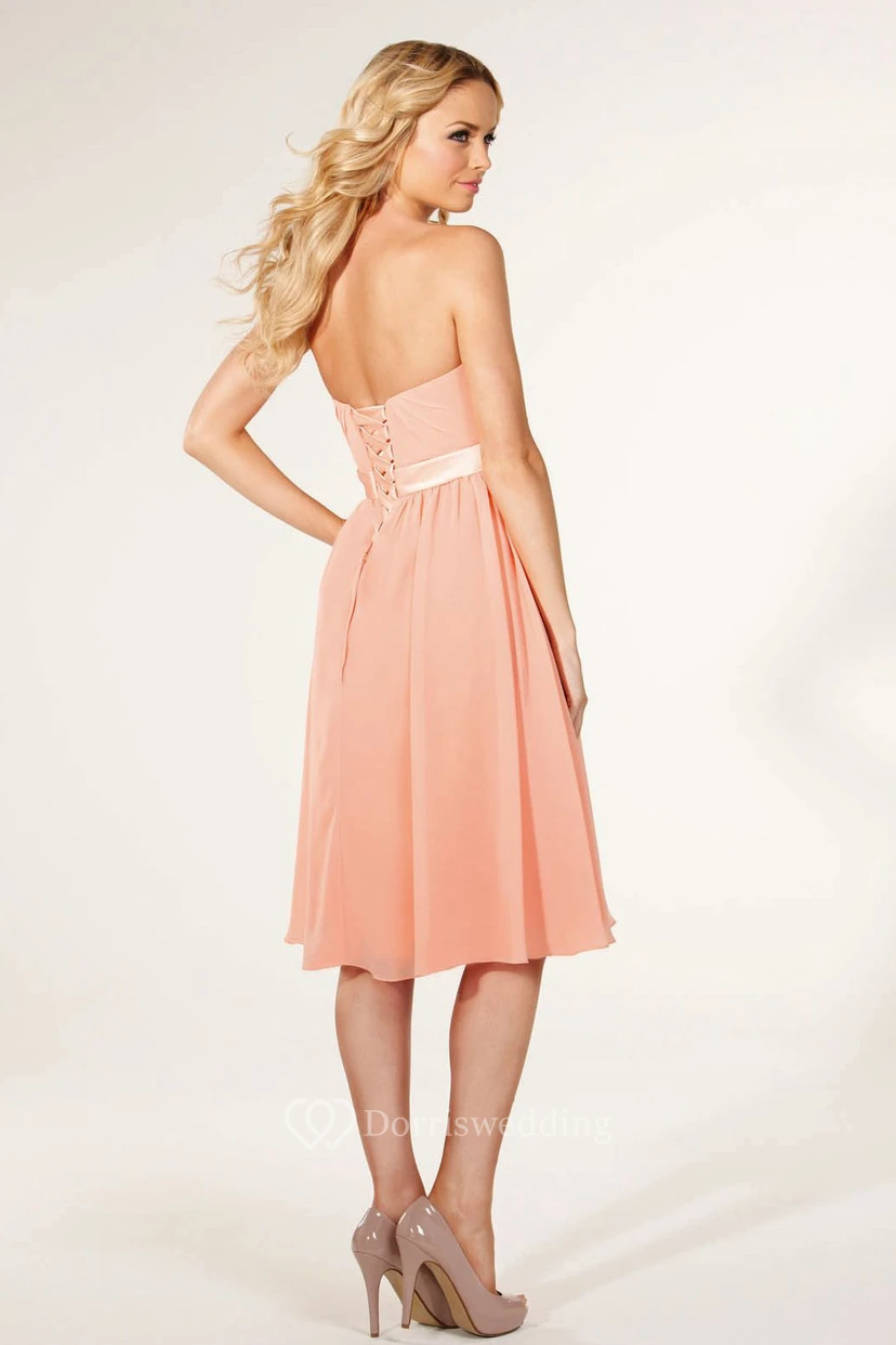 Knee-Length Strapless Floral Chiffon Bridesmaid Dress With Ruching And Lace-Up view 2