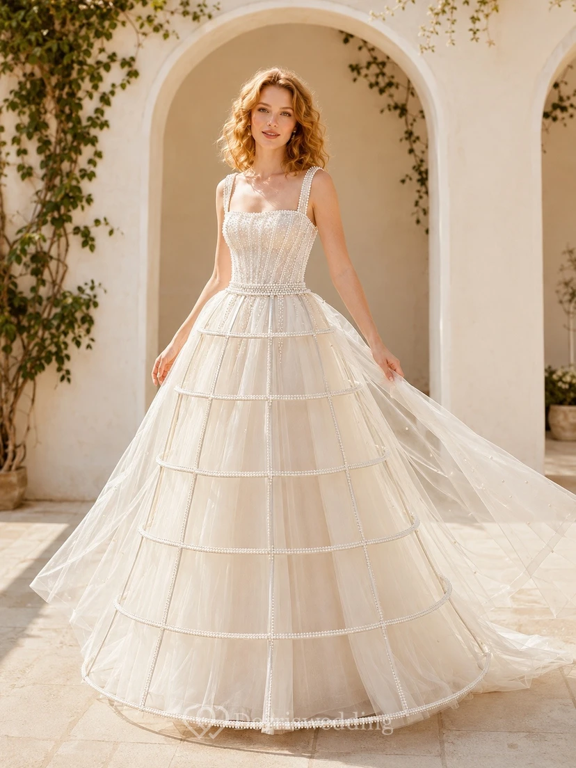 Robe de mariée simple, longue sans manches, à bretelles, coupe trapèze, idéale pour une cérémonie formelle.