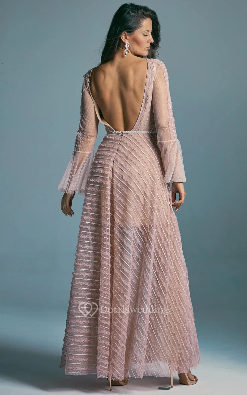 Blush Illusion Long Sleeve Tulle Front Split Bateau-neck Backless Wedding Dress view 2