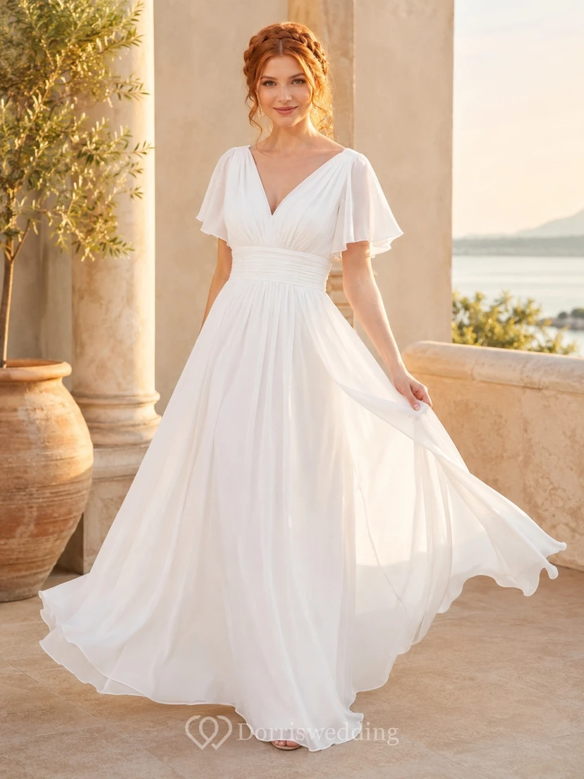 Simple Chiffon A-Line V-Neck Flutter Sleeve Floor-Length Wedding Dress