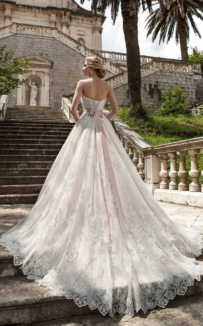 A-Line Long Sweetheart Sleeveless Lace-Up Lace Bridal Dress With Sash And Beading view 2