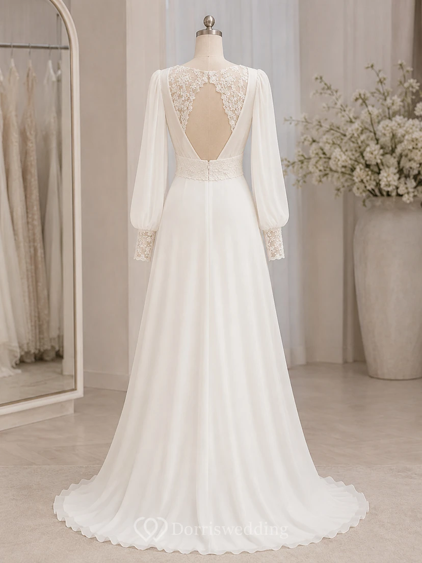 Langärmeliges Chiffon-Brautkleid in A-Linie mit offenem Rücken aus Spitze view 8