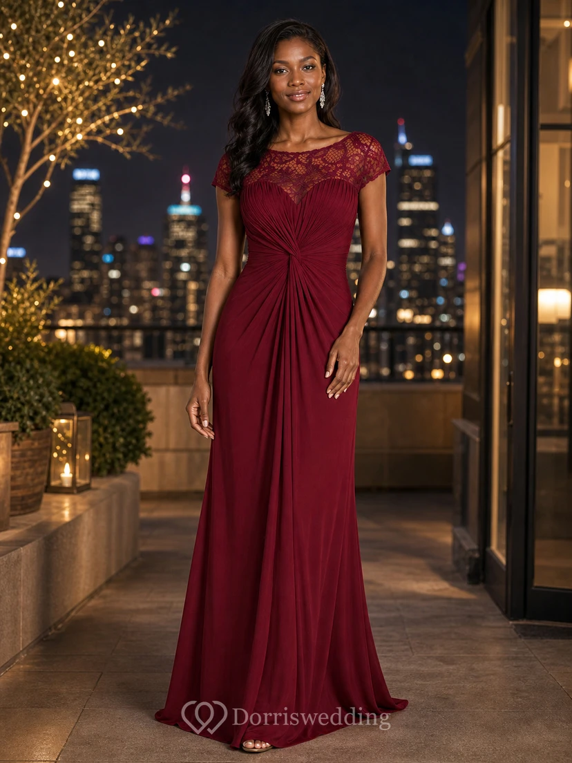 Robe longue à manches courtes froncée pour la mère de la mariée, avec encolure en dentelle illusion view 12