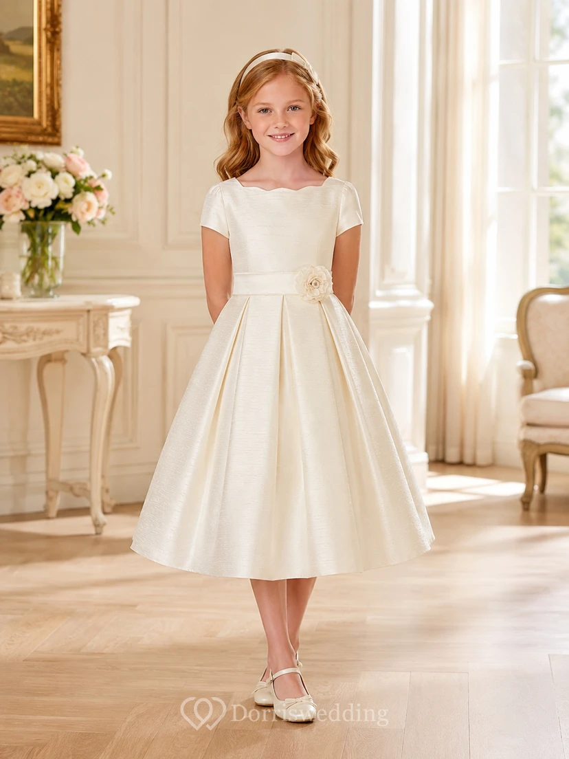 Robe de demoiselle d'honneur mi-longue à manches courtes en satin avec nœud papillon, pour communion