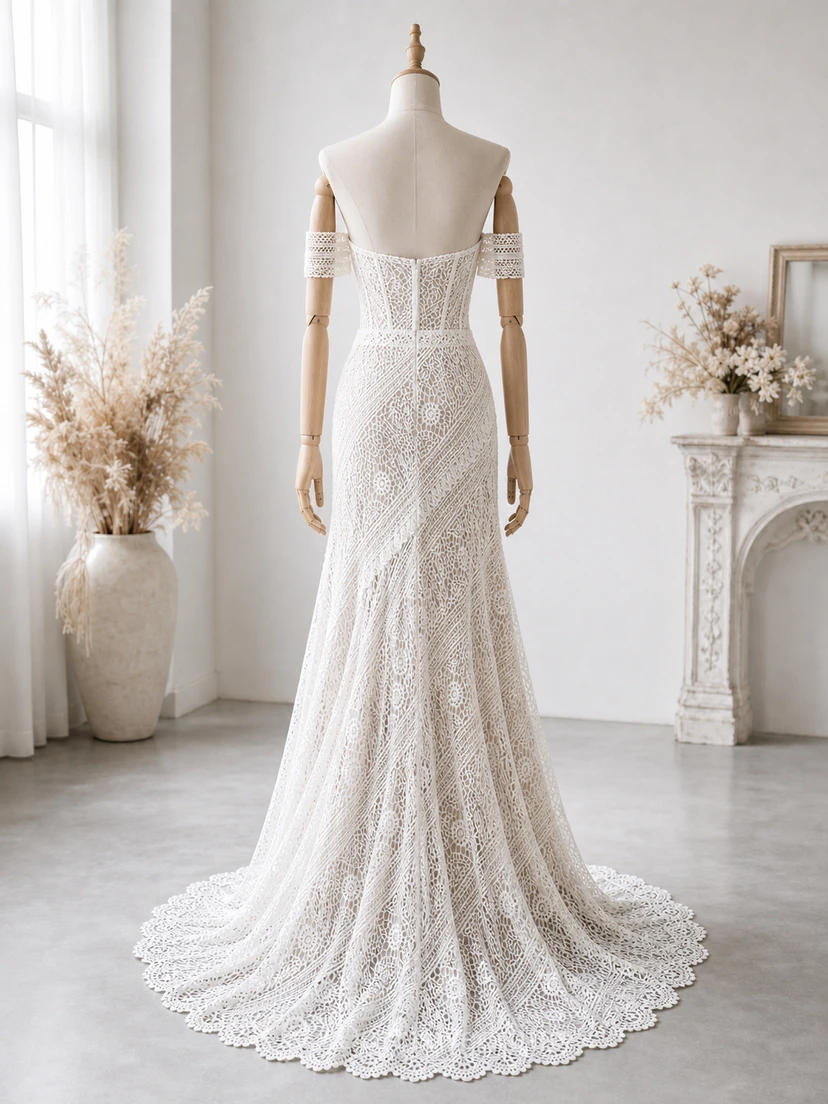 Vestido de novia bohemio de corte imperio con encaje y escote corazón. view 8