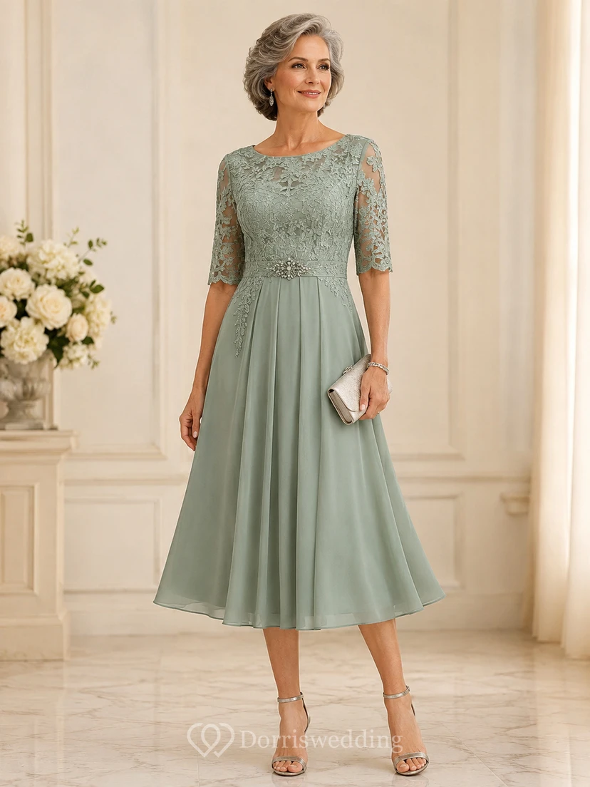 Sage Tea Length Crystal Brooch Mother Dress Sage Bateau Jewel A-Line Tea-length