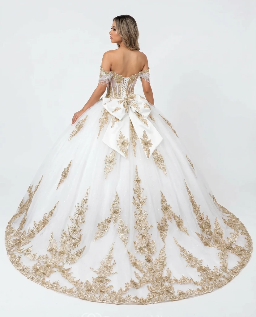 White and Gold Quinceanera Ball Gown Off Shoulder Corset with Appliques Train view 2