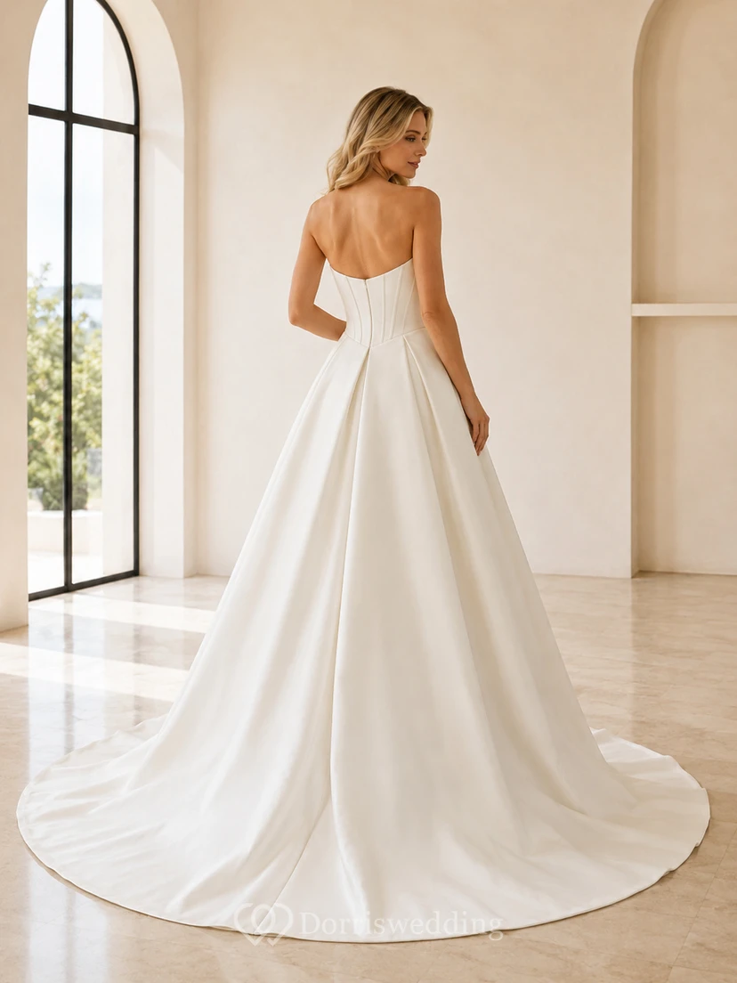 Satin Wedding Dress A-Line Strapless Sweep Train Bridal Gown view 2
