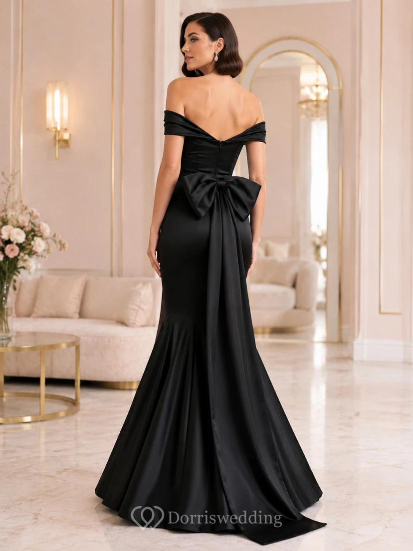 Vestido de sirena negro con escote corazón, mangas cortas, lazo, drapeado, satén, cremallera y cola larga. view 2