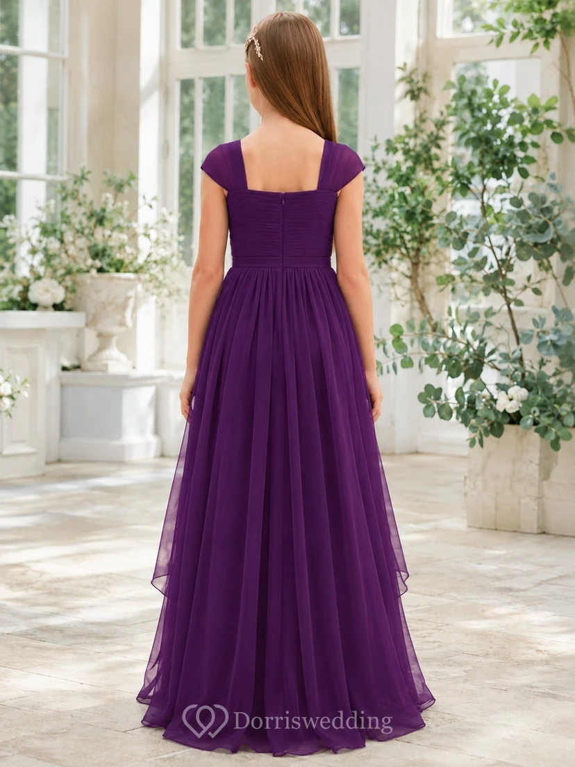 Traubefarbenes Brautjungfernkleid für junge Mädchen, A-Linie, eckig, kurze Ärmel, plissiert, romantisch view 2