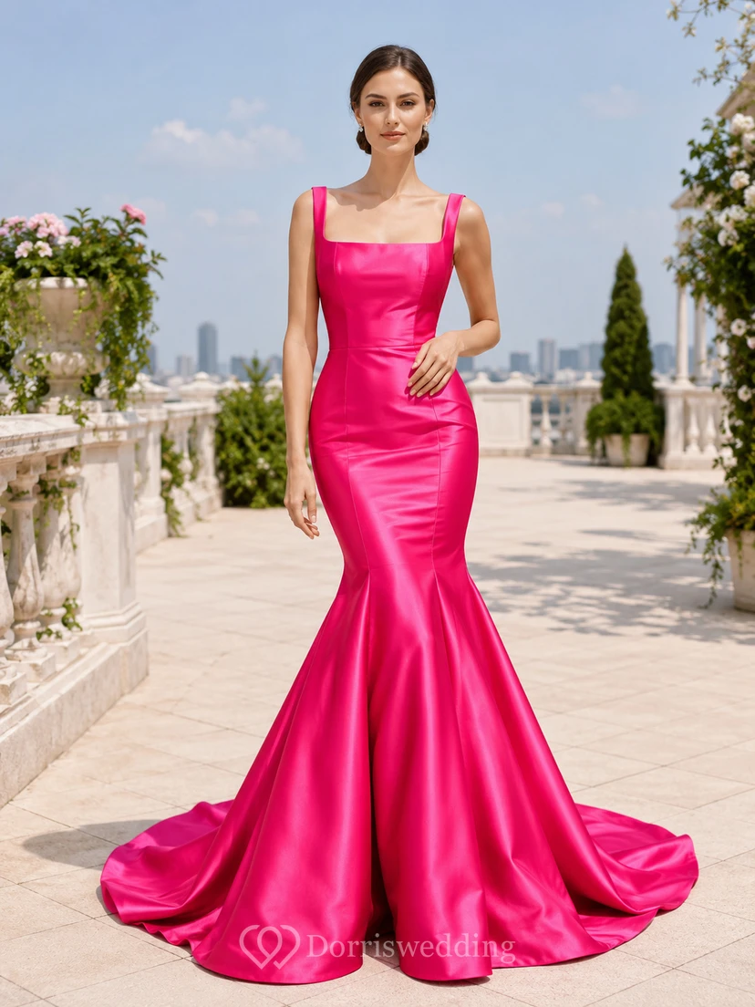 Robe de mariée sirène en satin fuchsia à bretelles carrées et traîne balayée, col carré