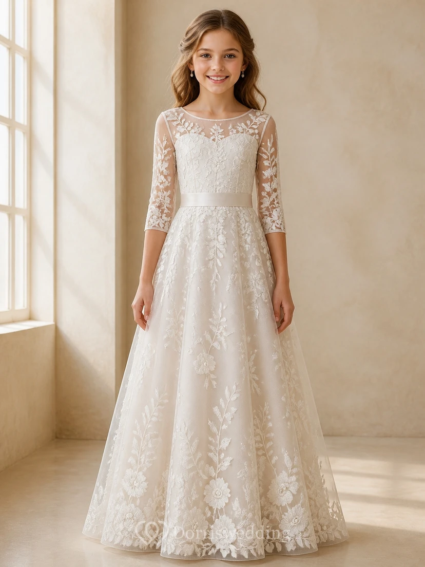 Modest Junior Bridesmaid Floor-length A-Line Scoop Three-quarter Sleeve Lace Dress