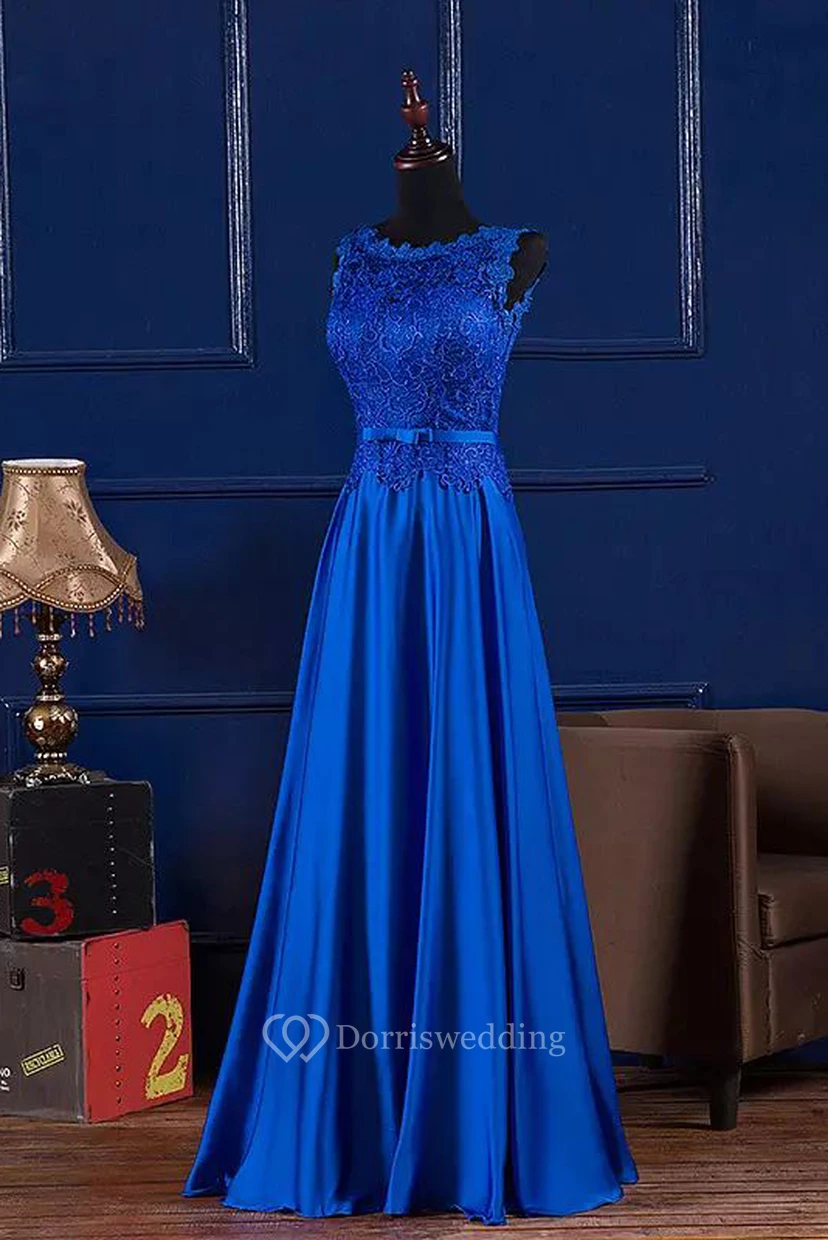 Vestido de dama de honor modesto, largo hasta el suelo, sin mangas, de satén y encaje, con espalda de cordones. view 3