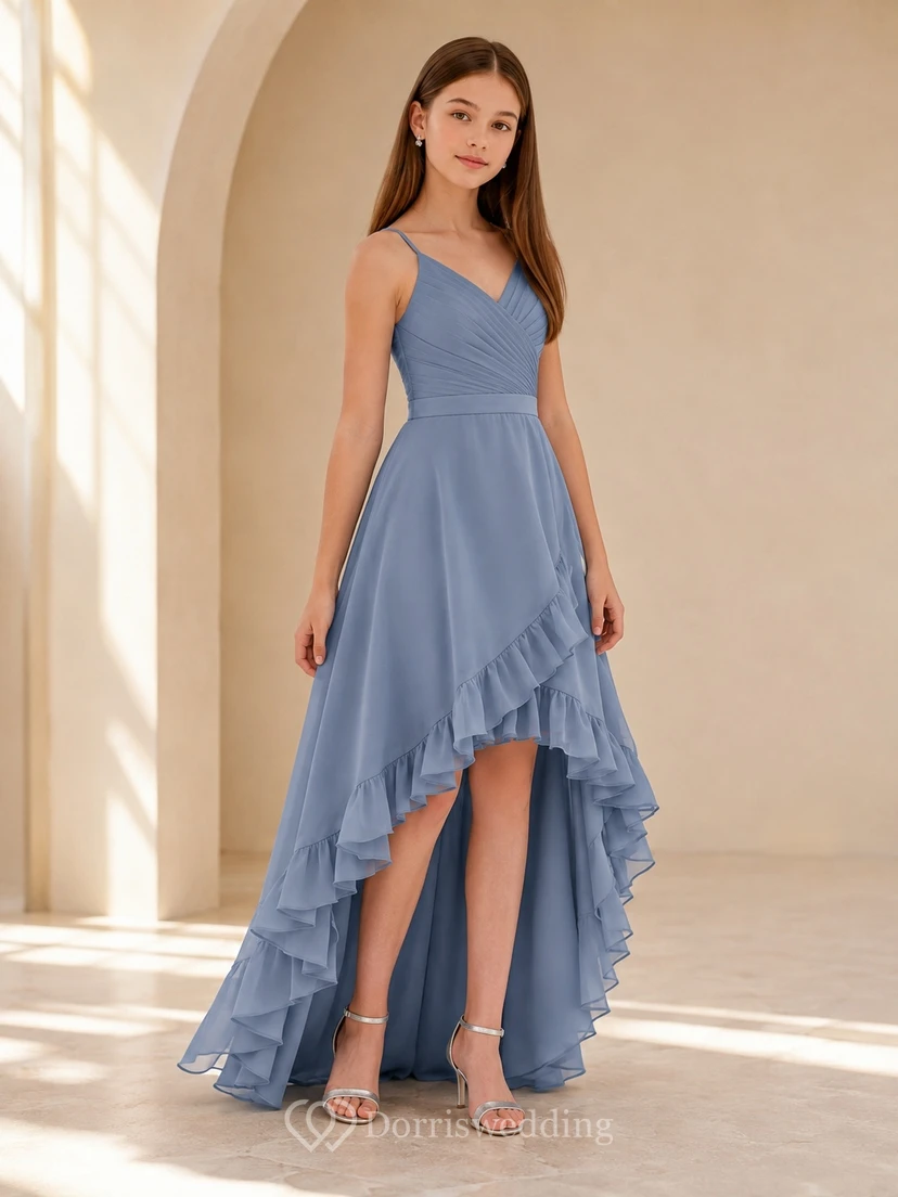 Vestido de dama de honor juvenil azul acero, corte en A, sin mangas, asimétrico, de gasa, con volantes, estilo romántico.