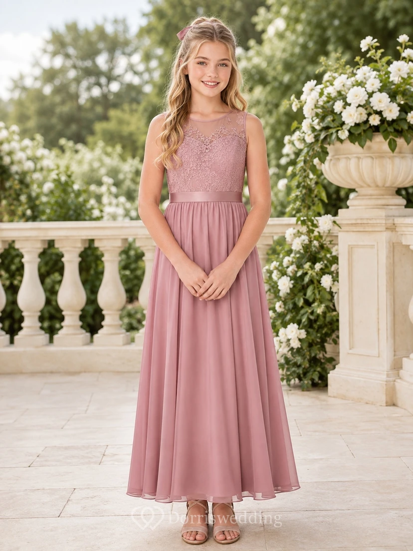 Brautjungfernkleid in Altrosa, A-Linie, ärmellos, aus Spitze und Tüll, bezaubernd und romantisch