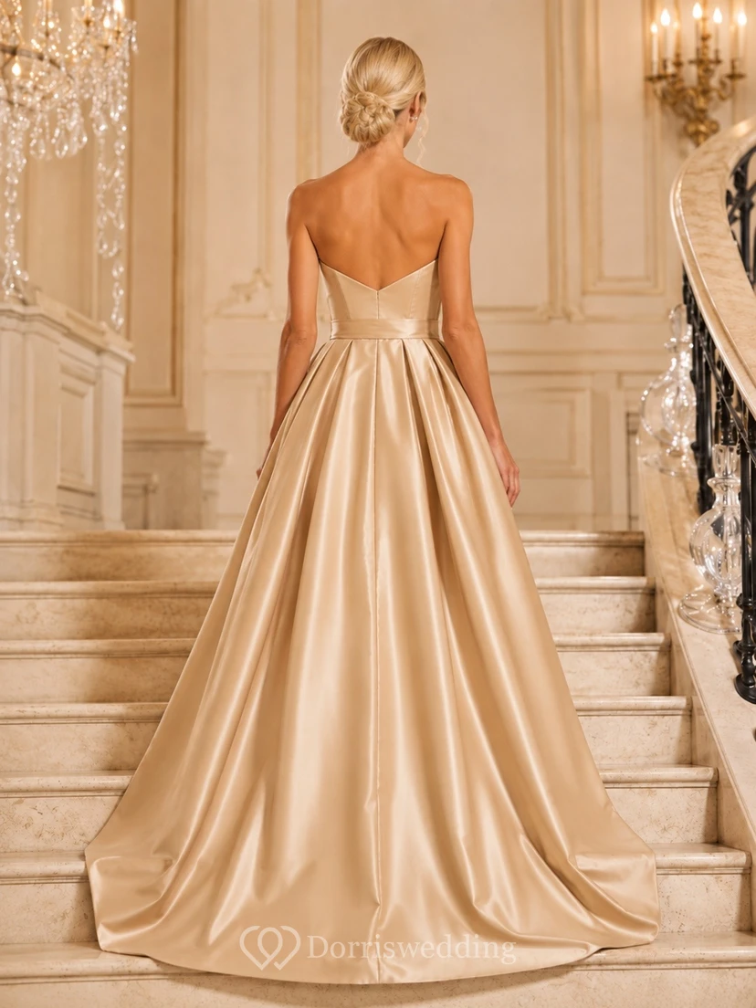 Champagne Strapless Sweetheart Satin Ball Gown Sweep Train Dress view 2