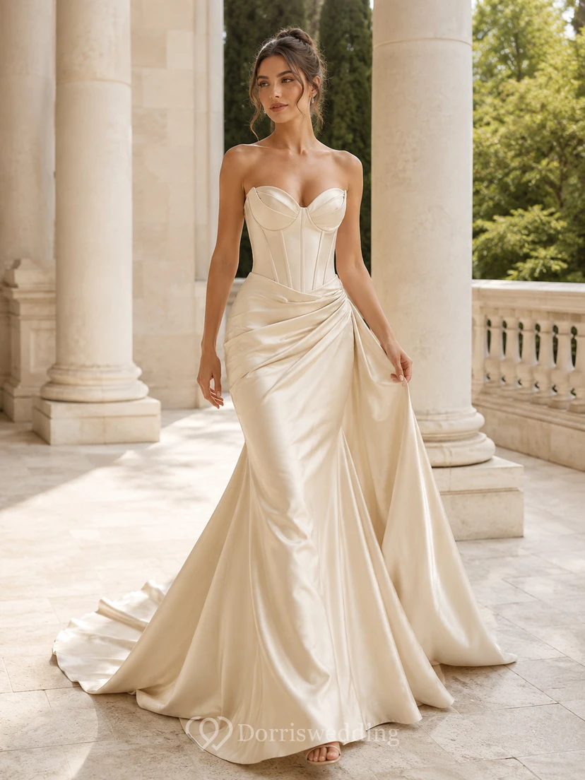 Robe de mariée sirène en satin champagne sans bretelles et corset drapé