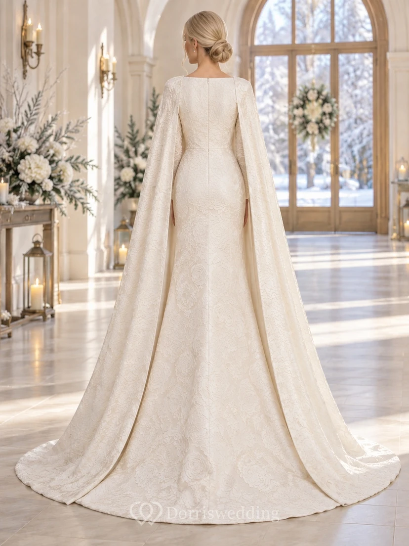 Modest Long Sleeve Winter Bateau Neck Patterned Brocade Cape Sheath Wedding Dress view 2