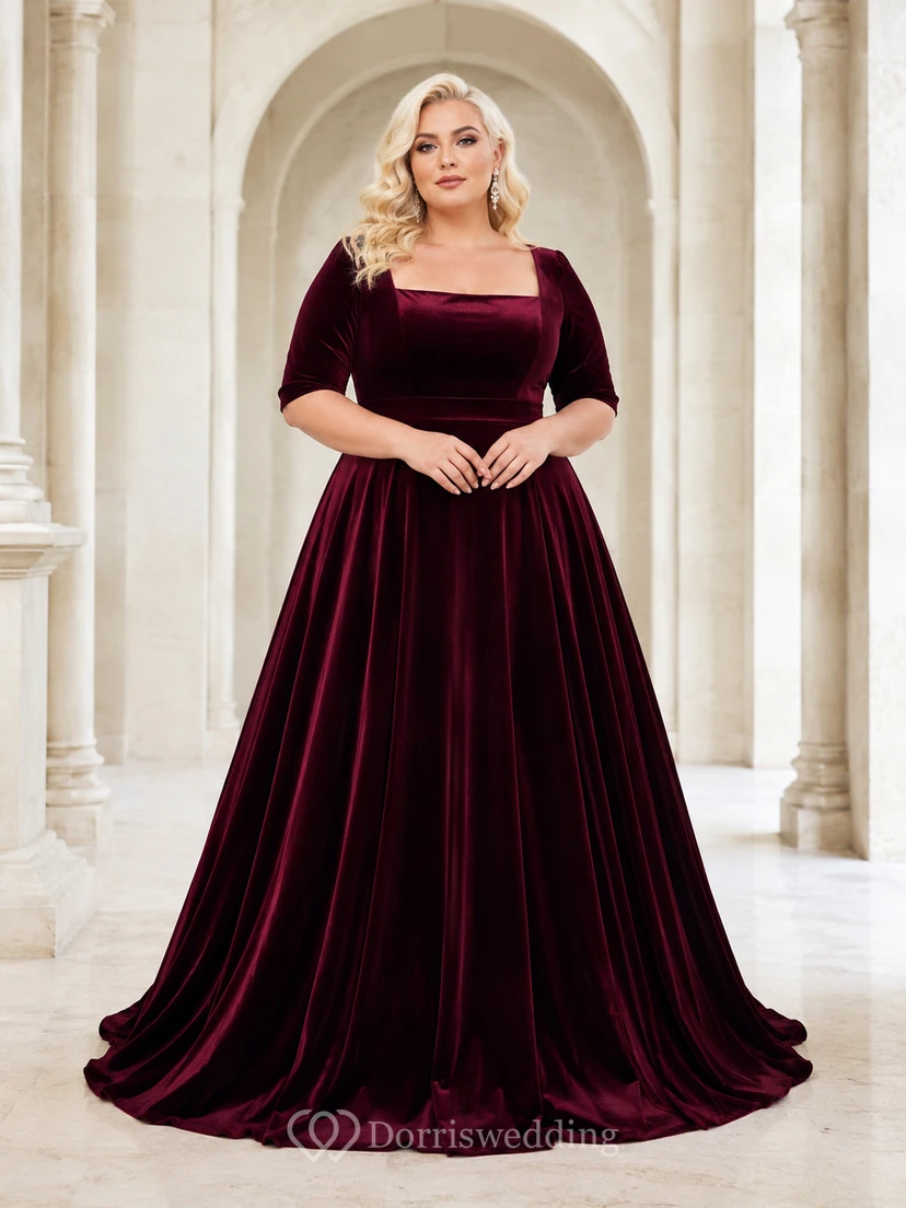 Vestido de gala de terciopelo de lujo hasta el suelo con mangas tres cuartos y corte cuadrado, de la marca Wine Throne, color borgoña.