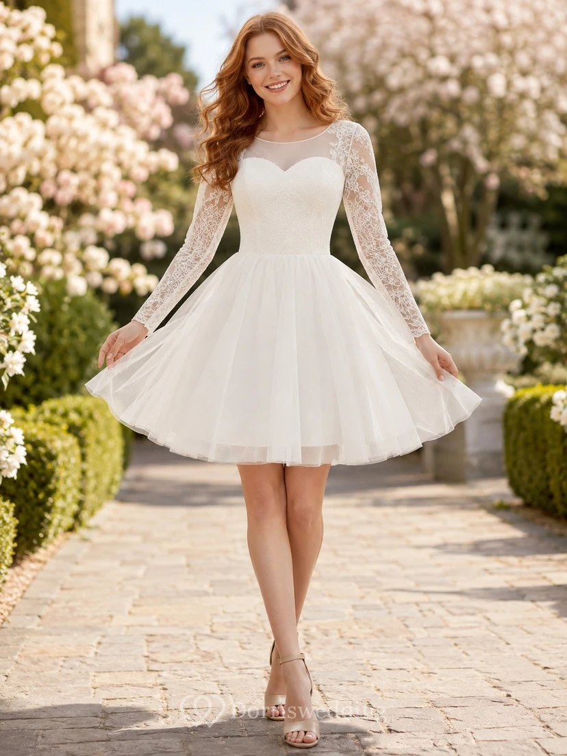 Weißes, romantisches, formelles Chiffonkleid mit herzförmigem Herzausschnitt, langen Ärmeln und weitem Rock in A-Linie für draußen