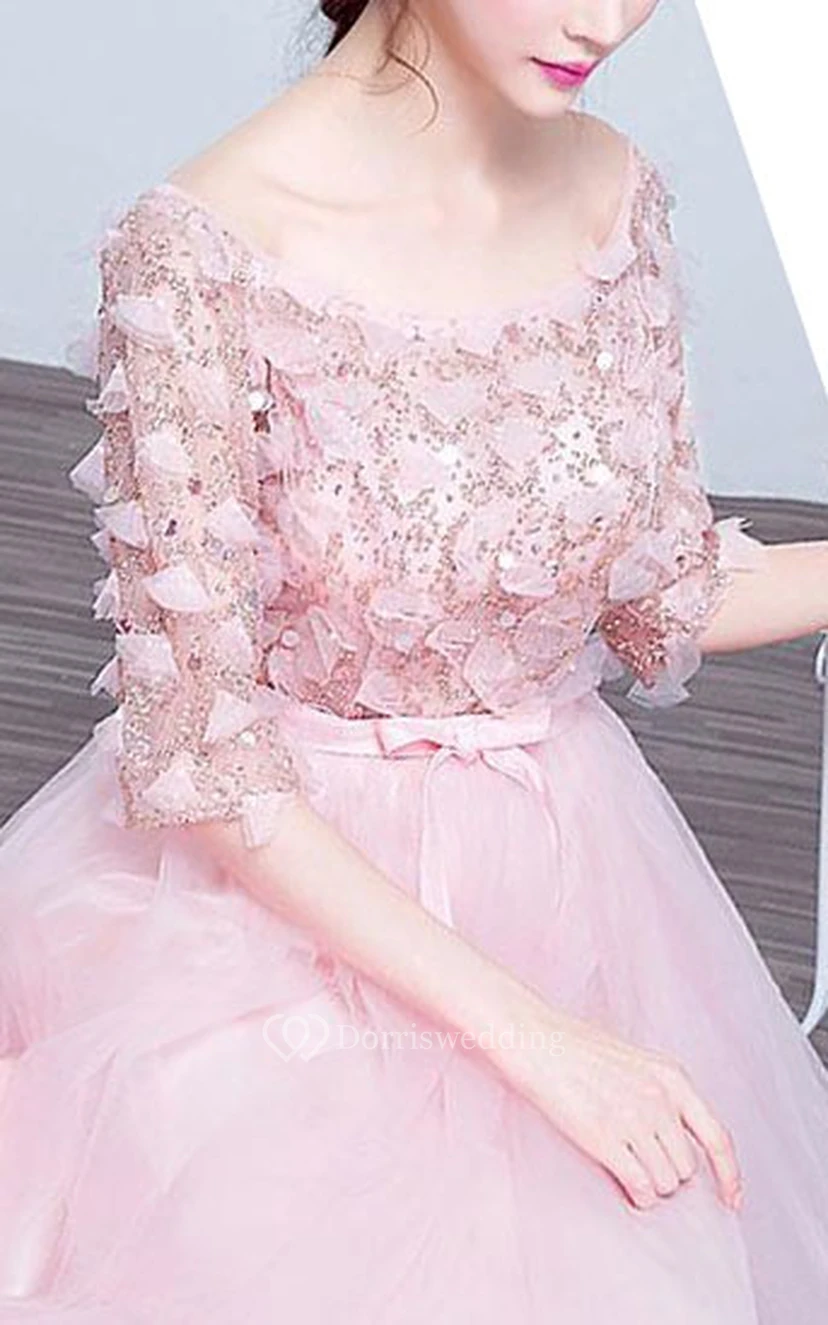 A-Line Bateau Half Sleeves Sequins Long Prom Dress view 4