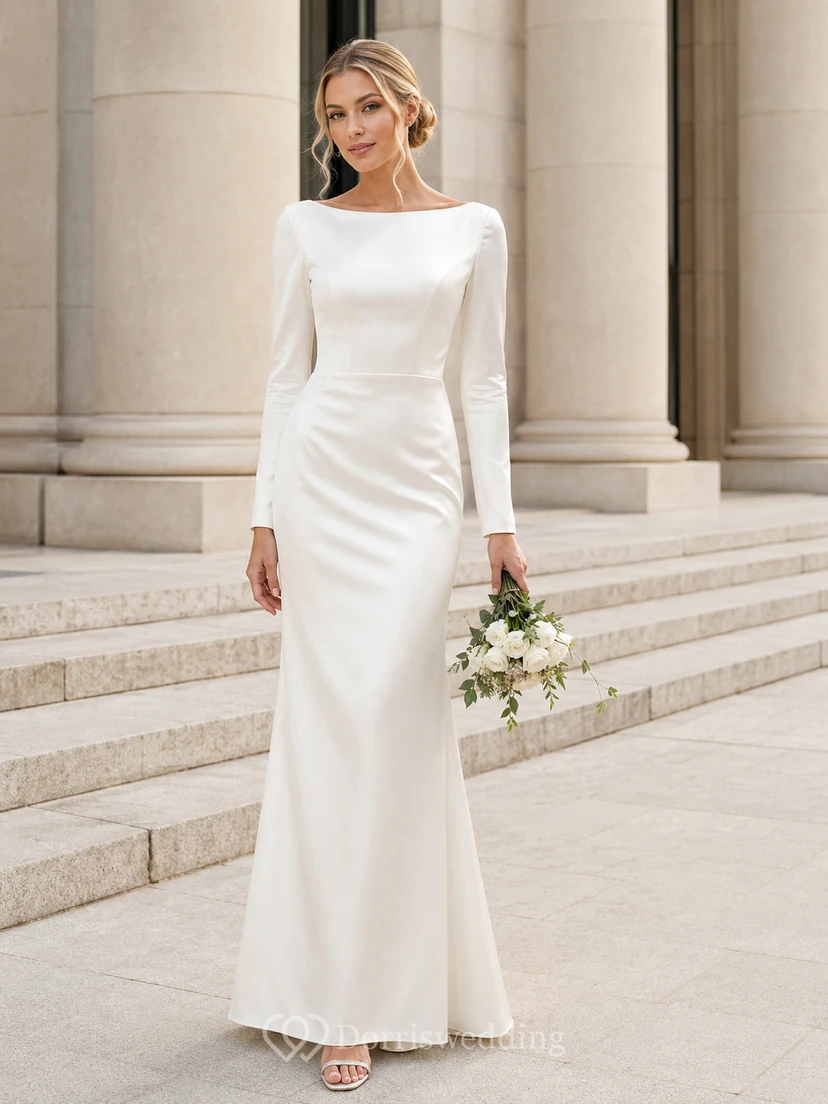 Modern Long Sleeve Bateau Satin Civil Bridal Gown
