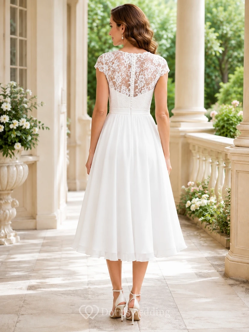 White Bateau Cap Sleeve Lace A-Line Tea-Length Romantic Semi-Formal Dress view 2