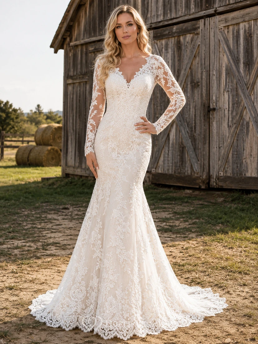 Rustic V Neck Long Sleeve Lace Mermaid Deep Back Chapel Wedding Gown