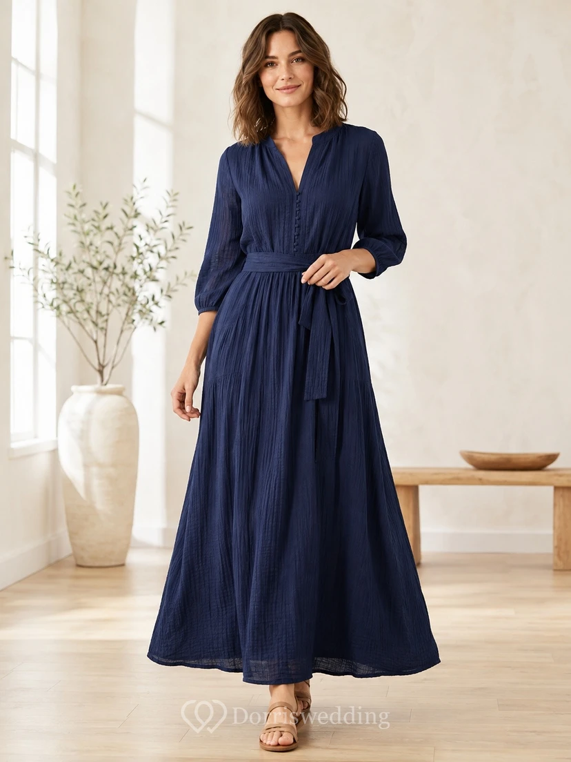 Ink Navy Cotton Gauze V-Neck Long-Sleeve A-Line Ankle-Length Dress