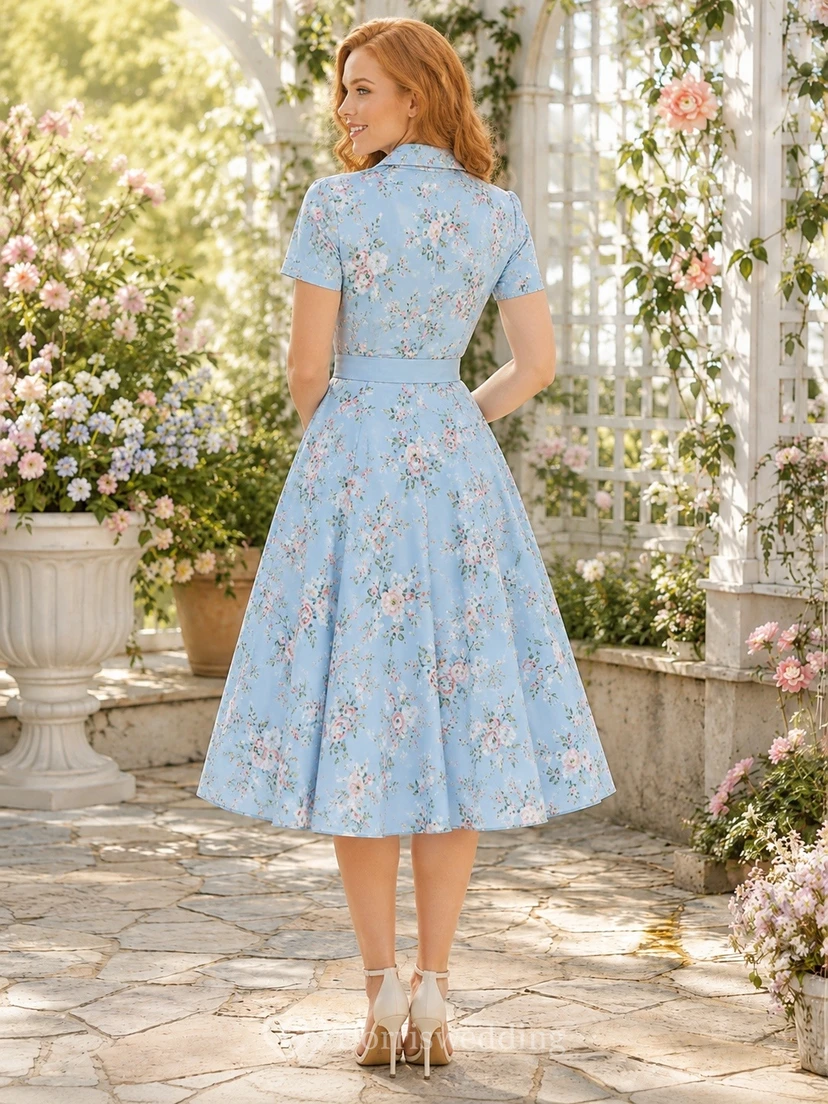 Floral Blue Short-Sleeve A-Line Tea-Length Vintage Guest Dress view 2