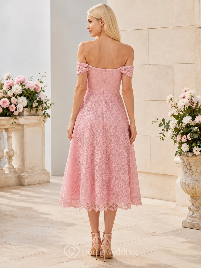 Blush Lace Off-the-shoulder Sleeveless A-Line Tea-length Cocktail Dress view 2