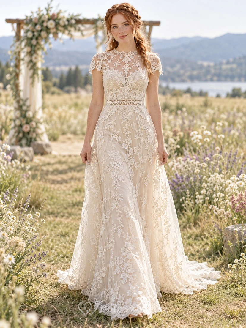 Boho High Neck Cap Sleeve Floral Lace Sheath Wedding Dress
