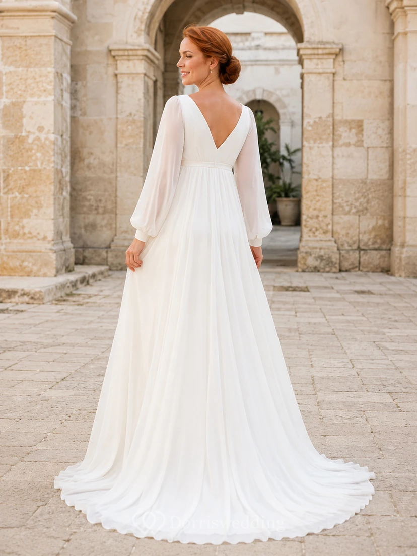 Simple Maternity V Neck Long Poet Sleeve Chiffon Empire Sweep Wedding Gown view 2