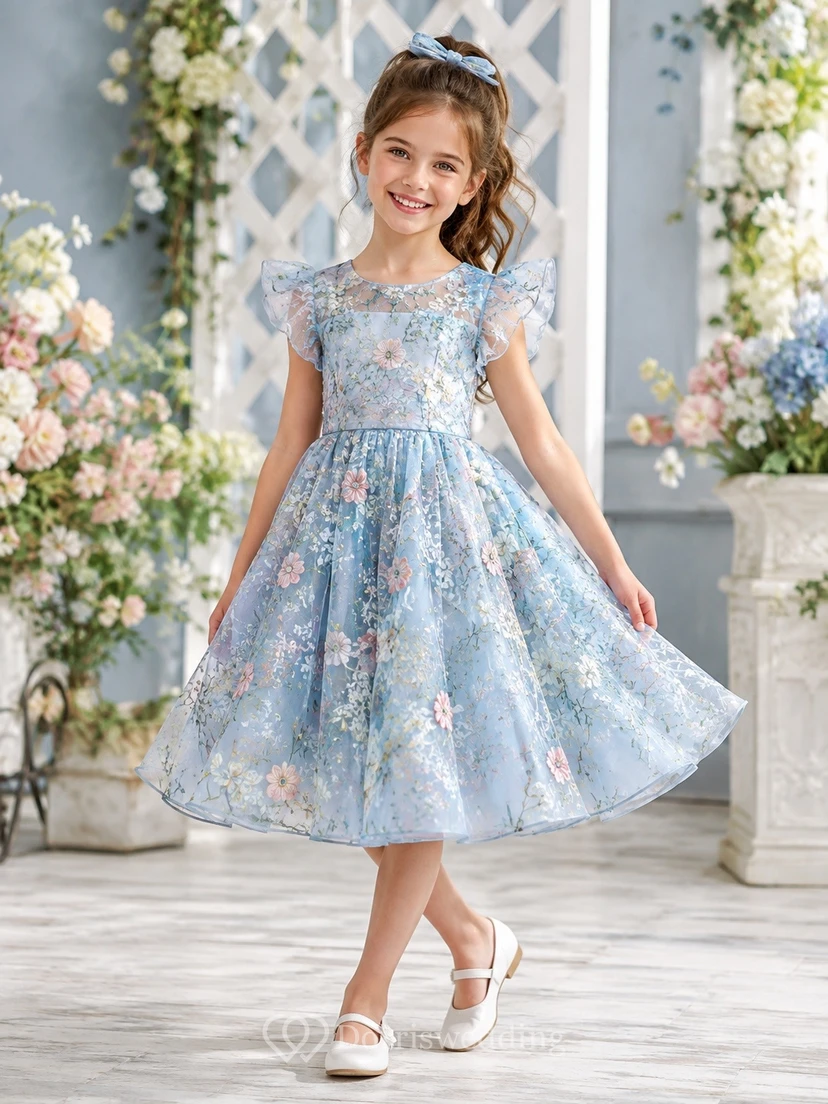 Tea Length Floral Princess Cap Sleeve A-Line Flowergirl Occasion Dress