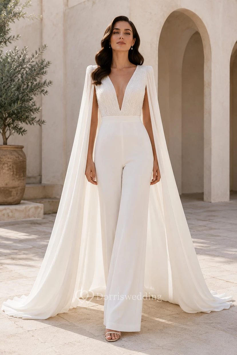 White V-Neck Cape Sleeve Bridal Jumpsuit with Train