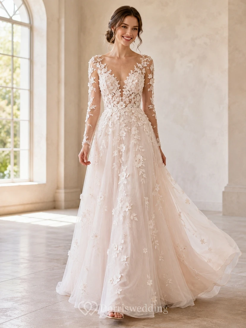 Long Sleeve High Neck A-line Lace raised Elegant Bridal Wedding Dress